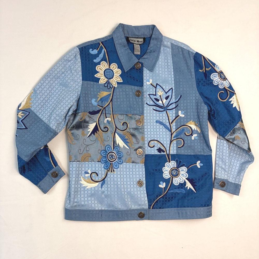 Indigo Moon Womens Blue Patchwork Floral Embroidered Tapestry Jacket Large Boho